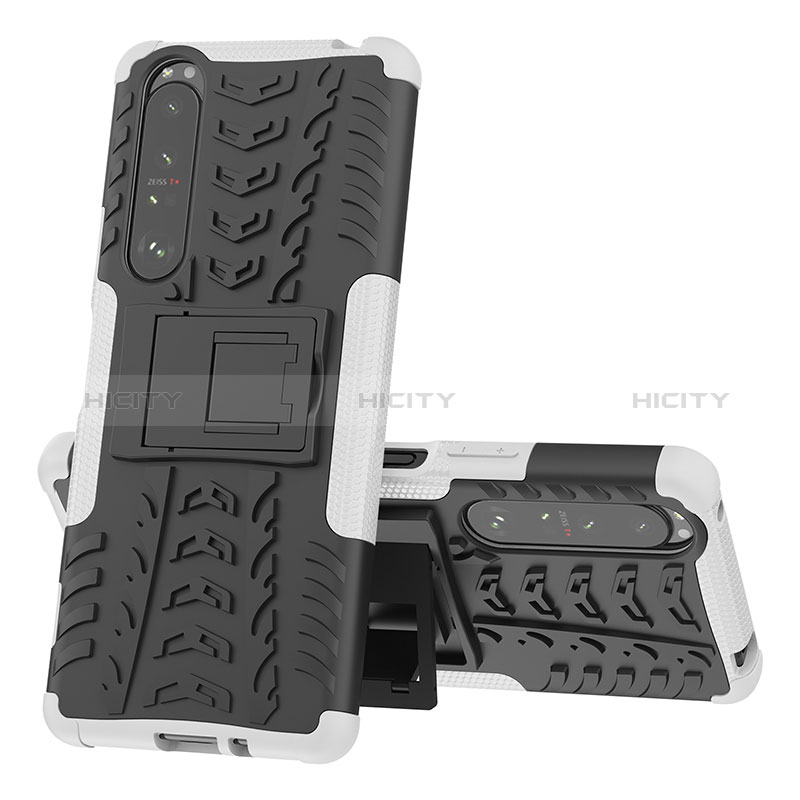 Funda Bumper Silicona y Plastico Mate Carcasa con Soporte JX1 para Sony Xperia 1 III Plata