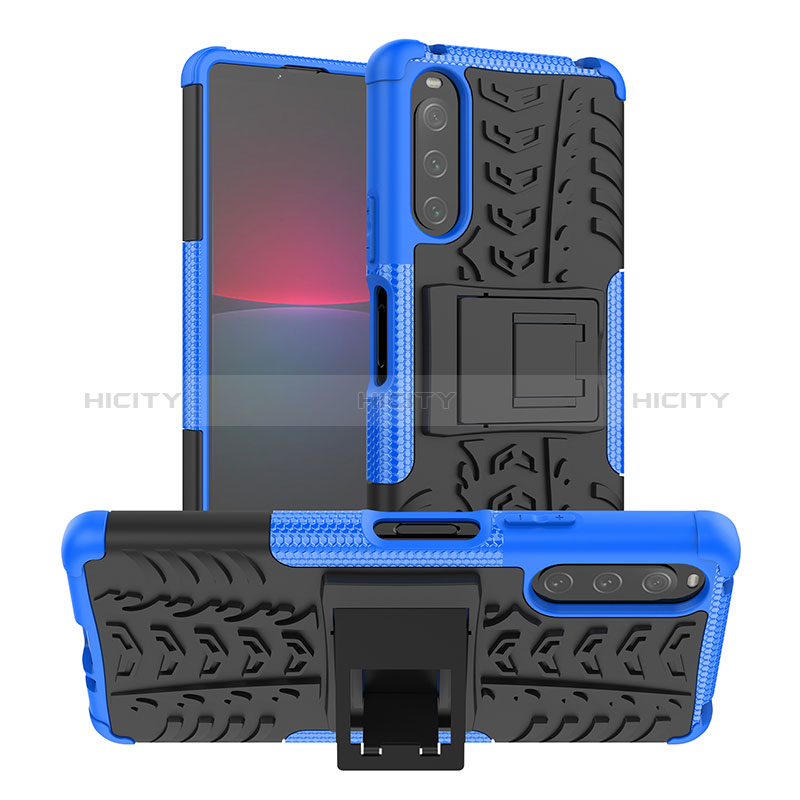 Funda Bumper Silicona y Plastico Mate Carcasa con Soporte JX1 para Sony Xperia 10 IV Azul