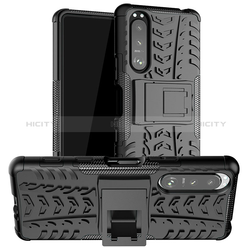 Funda Bumper Silicona y Plastico Mate Carcasa con Soporte JX1 para Sony Xperia 5 III Negro