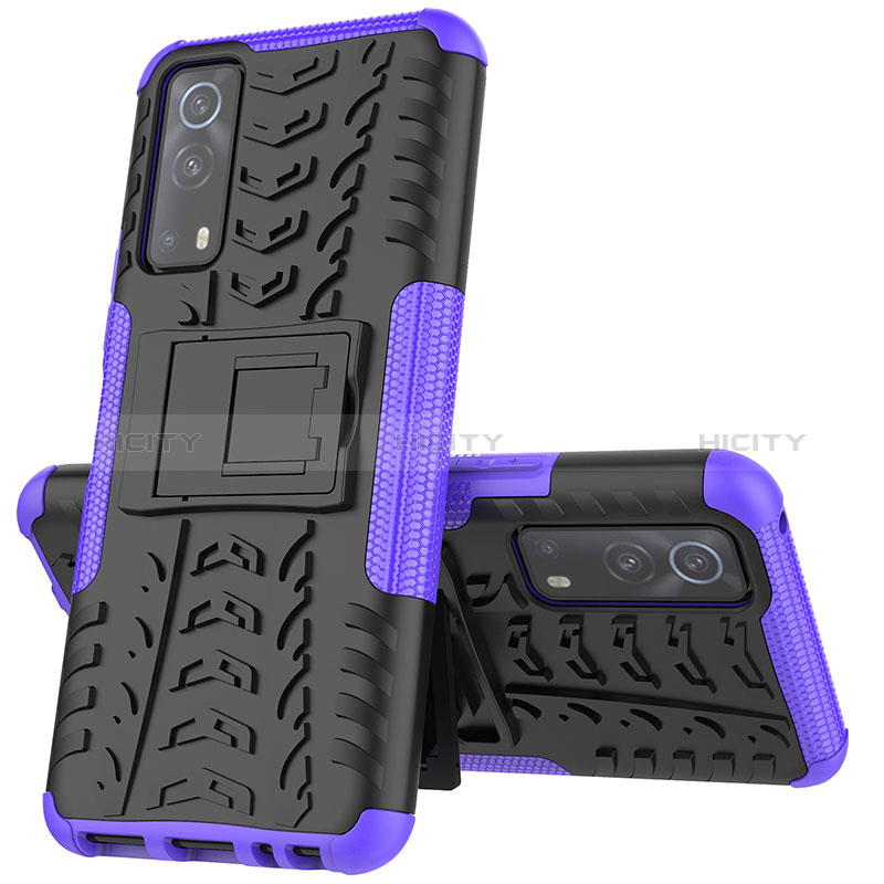 Funda Bumper Silicona y Plastico Mate Carcasa con Soporte JX1 para Vivo Y72 5G Morado