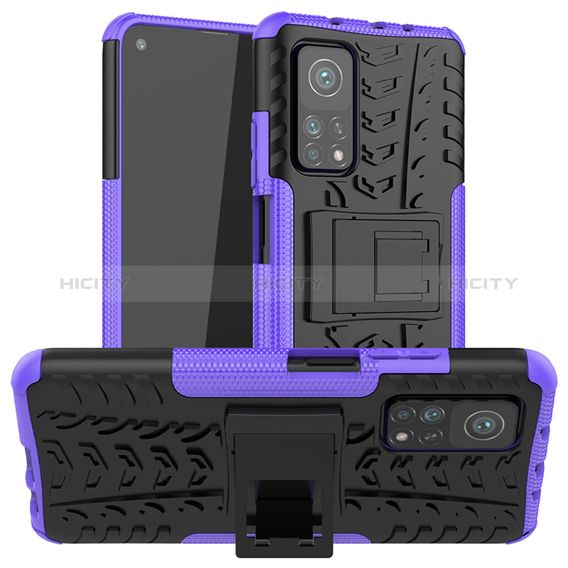 Funda Bumper Silicona y Plastico Mate Carcasa con Soporte JX1 para Xiaomi Mi 10T Pro 5G Morado