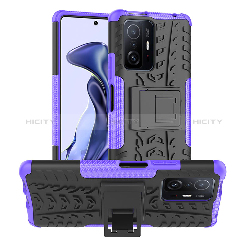 Funda Bumper Silicona y Plastico Mate Carcasa con Soporte JX1 para Xiaomi Mi 11T Pro 5G Morado