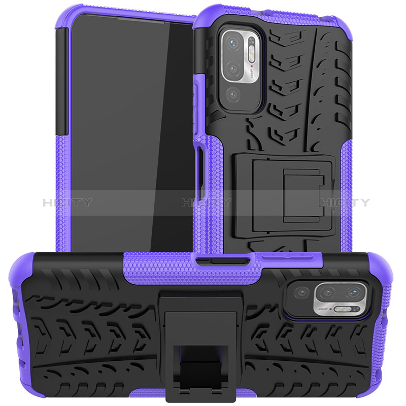 Funda Bumper Silicona y Plastico Mate Carcasa con Soporte JX1 para Xiaomi POCO M3 Pro 5G Morado