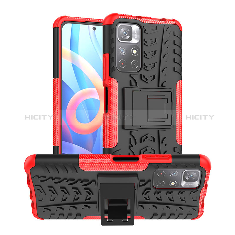 Funda Bumper Silicona y Plastico Mate Carcasa con Soporte JX1 para Xiaomi Poco M4 Pro 5G Rojo