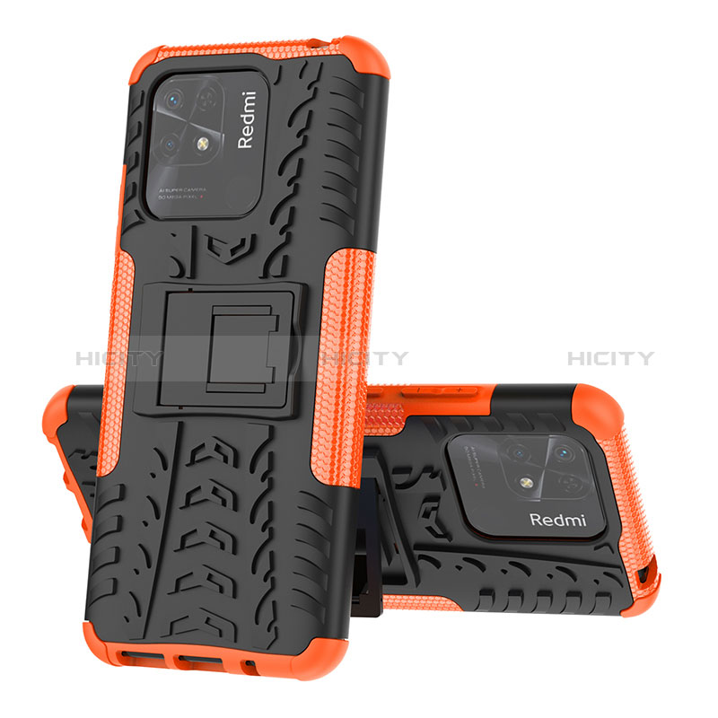 Funda Bumper Silicona y Plastico Mate Carcasa con Soporte JX1 para Xiaomi Redmi 10 India Naranja