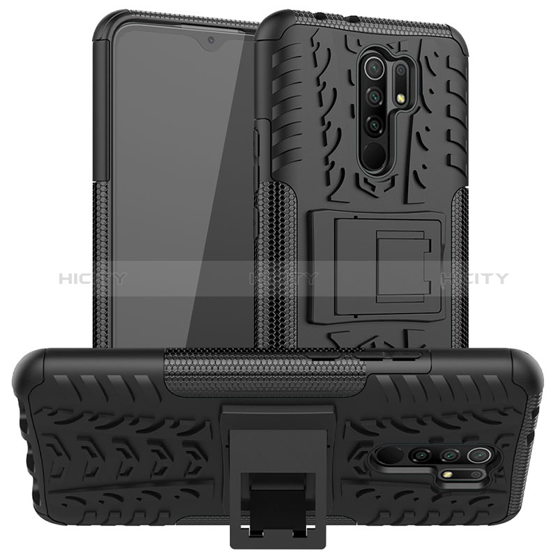 Funda Bumper Silicona y Plastico Mate Carcasa con Soporte JX1 para Xiaomi Redmi 9 Prime India Negro