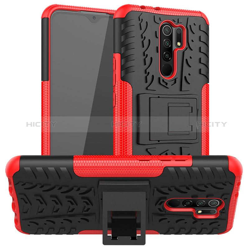 Funda Bumper Silicona y Plastico Mate Carcasa con Soporte JX1 para Xiaomi Redmi 9 Prime India Rojo