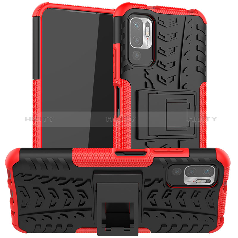 Funda Bumper Silicona y Plastico Mate Carcasa con Soporte JX1 para Xiaomi Redmi Note 10 5G Rojo