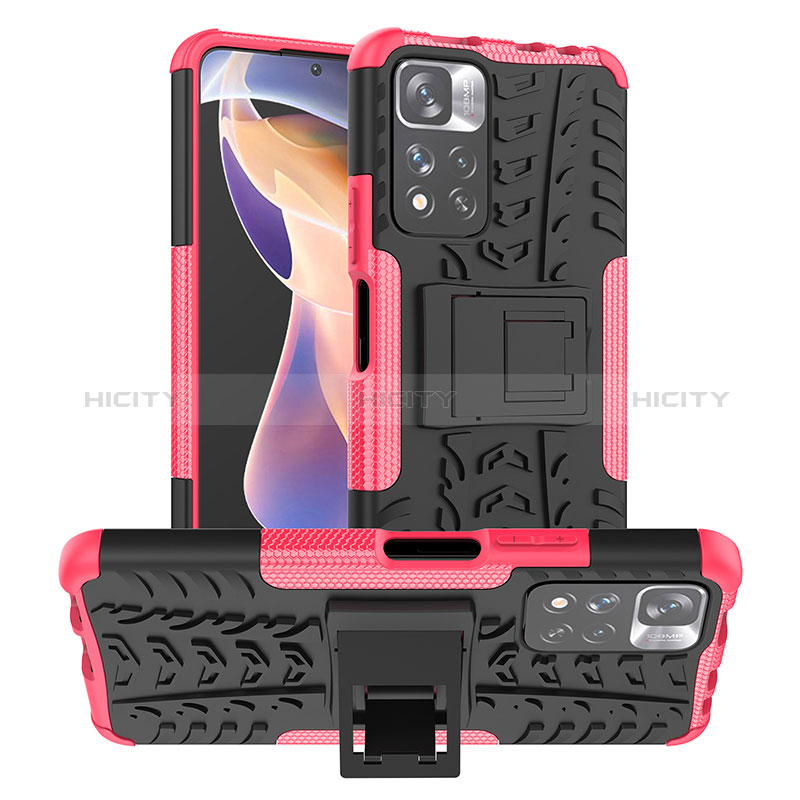 Funda Bumper Silicona y Plastico Mate Carcasa con Soporte JX1 para Xiaomi Redmi Note 11 Pro+ Plus 5G Rosa Roja