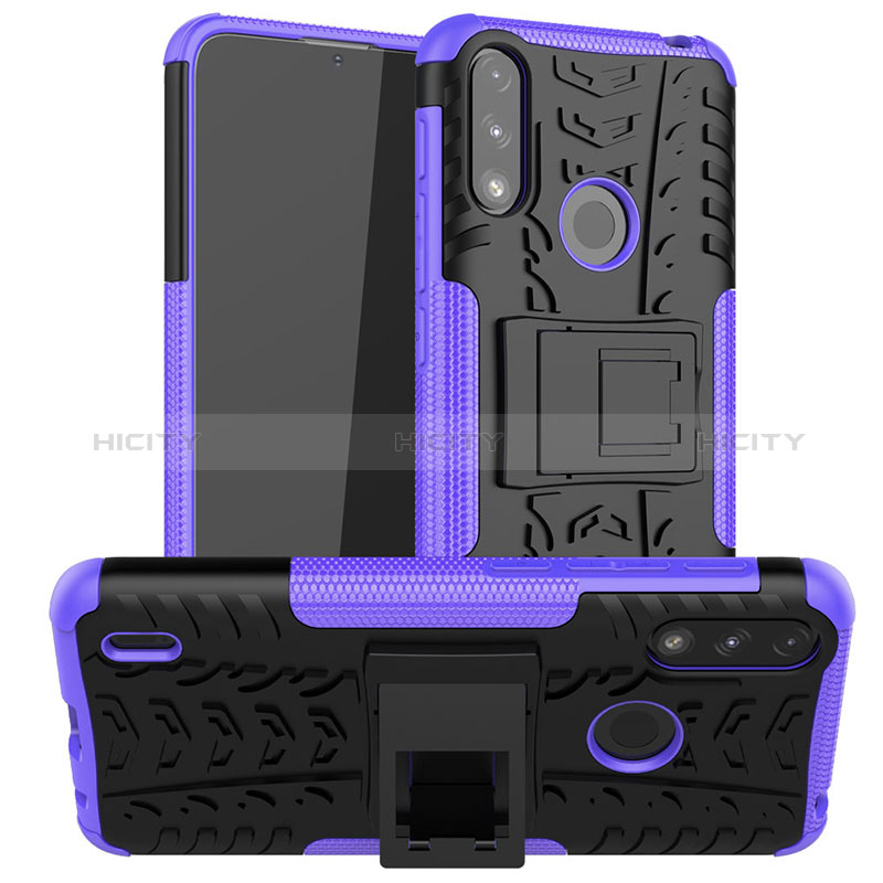 Funda Bumper Silicona y Plastico Mate Carcasa con Soporte JX2 para Motorola Moto E7 Power Morado