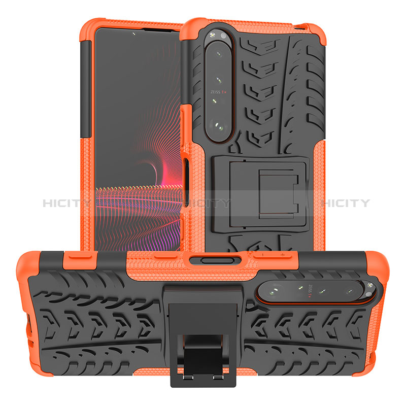 Funda Bumper Silicona y Plastico Mate Carcasa con Soporte JX2 para Sony Xperia 1 III Naranja