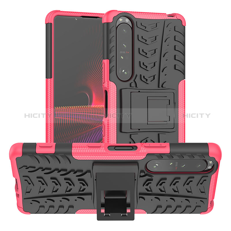 Funda Bumper Silicona y Plastico Mate Carcasa con Soporte JX2 para Sony Xperia 1 III Rosa Roja