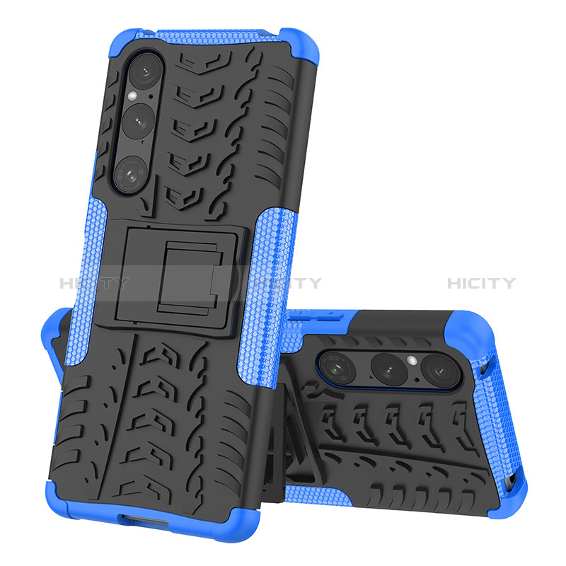 Funda Bumper Silicona y Plastico Mate Carcasa con Soporte JX2 para Sony Xperia 1 V Azul