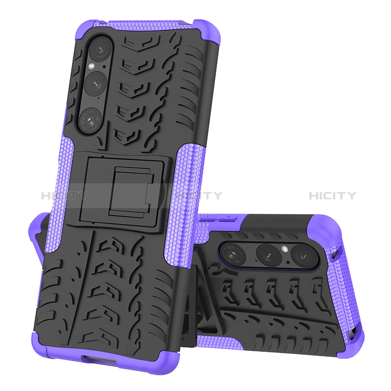 Funda Bumper Silicona y Plastico Mate Carcasa con Soporte JX2 para Sony Xperia 1 V Morado