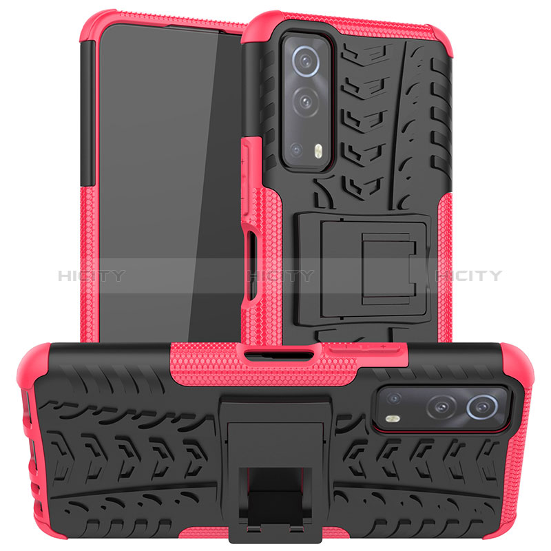 Funda Bumper Silicona y Plastico Mate Carcasa con Soporte JX2 para Vivo Y72 5G Rosa Roja