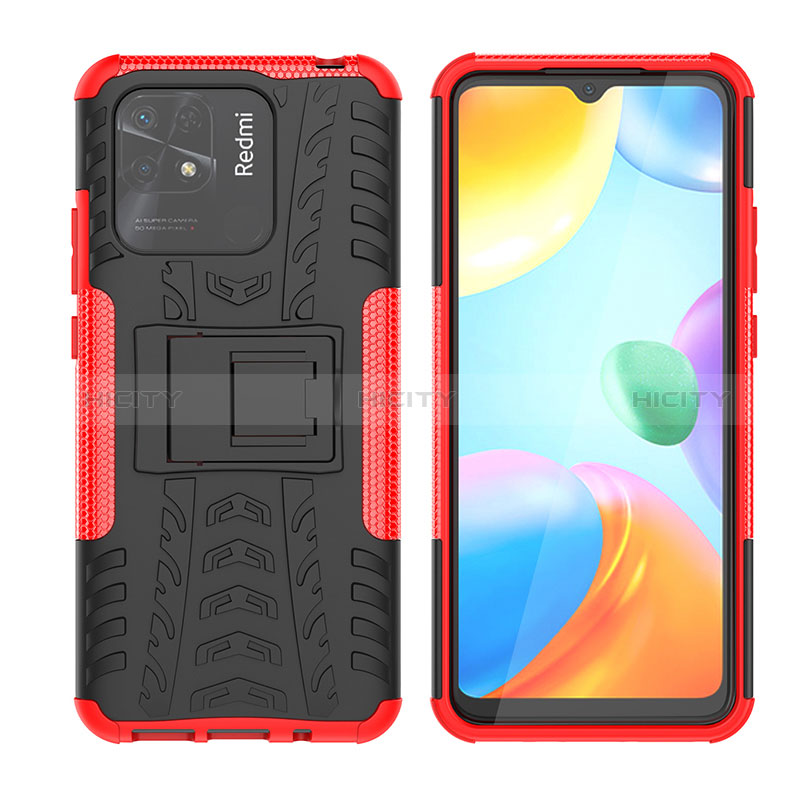 Funda Bumper Silicona y Plastico Mate Carcasa con Soporte JX2 para Xiaomi Redmi 10C 4G Rojo