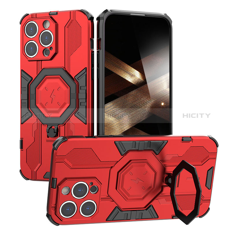 Funda Bumper Silicona y Plastico Mate Carcasa con Soporte K01C para Apple iPhone 16 Pro Rojo