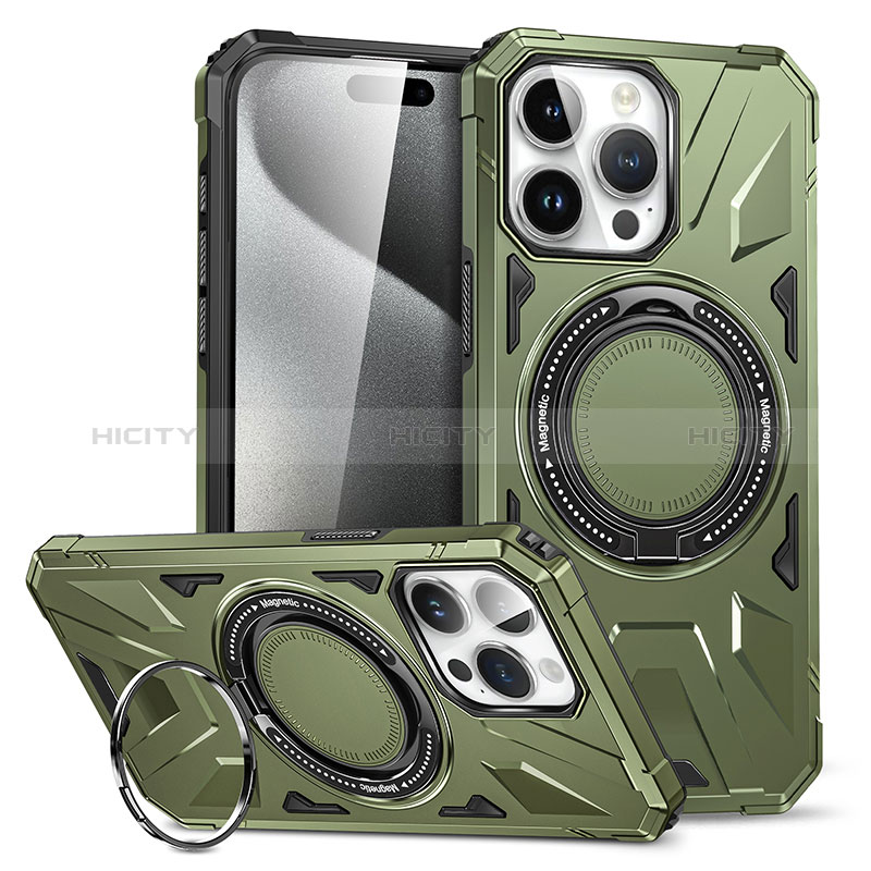 Funda Bumper Silicona y Plastico Mate Carcasa con Soporte K02C para Apple iPhone 14 Pro Verde