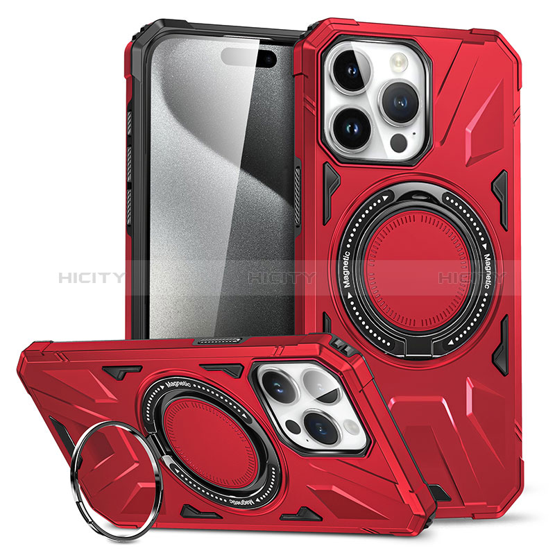 Funda Bumper Silicona y Plastico Mate Carcasa con Soporte K02C para Apple iPhone 15 Pro Max Rojo