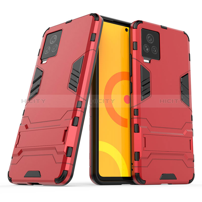 Funda Bumper Silicona y Plastico Mate Carcasa con Soporte KC1 para Vivo iQOO 7 5G Rojo