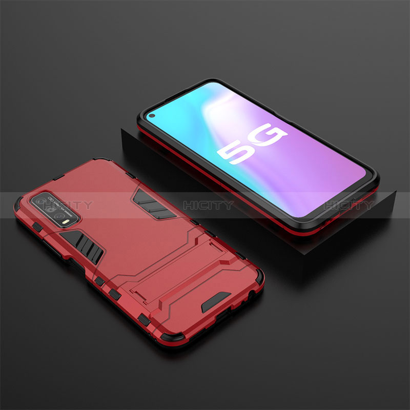 Funda Bumper Silicona y Plastico Mate Carcasa con Soporte KC2 para Vivo Y70t 5G Rojo