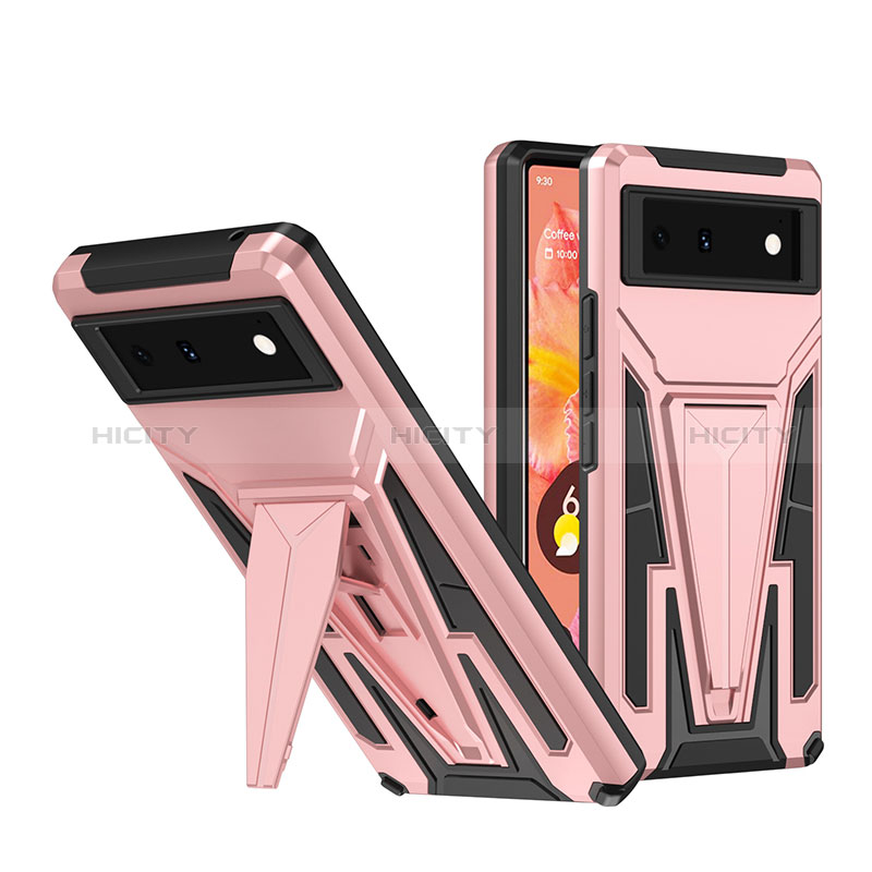 Funda Bumper Silicona y Plastico Mate Carcasa con Soporte MQ1 para Google Pixel 6 5G Oro Rosa