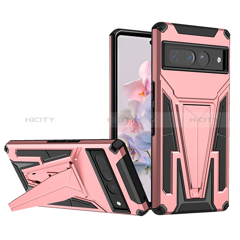 Funda Bumper Silicona y Plastico Mate Carcasa con Soporte MQ1 para Google Pixel 7 Pro 5G Oro Rosa