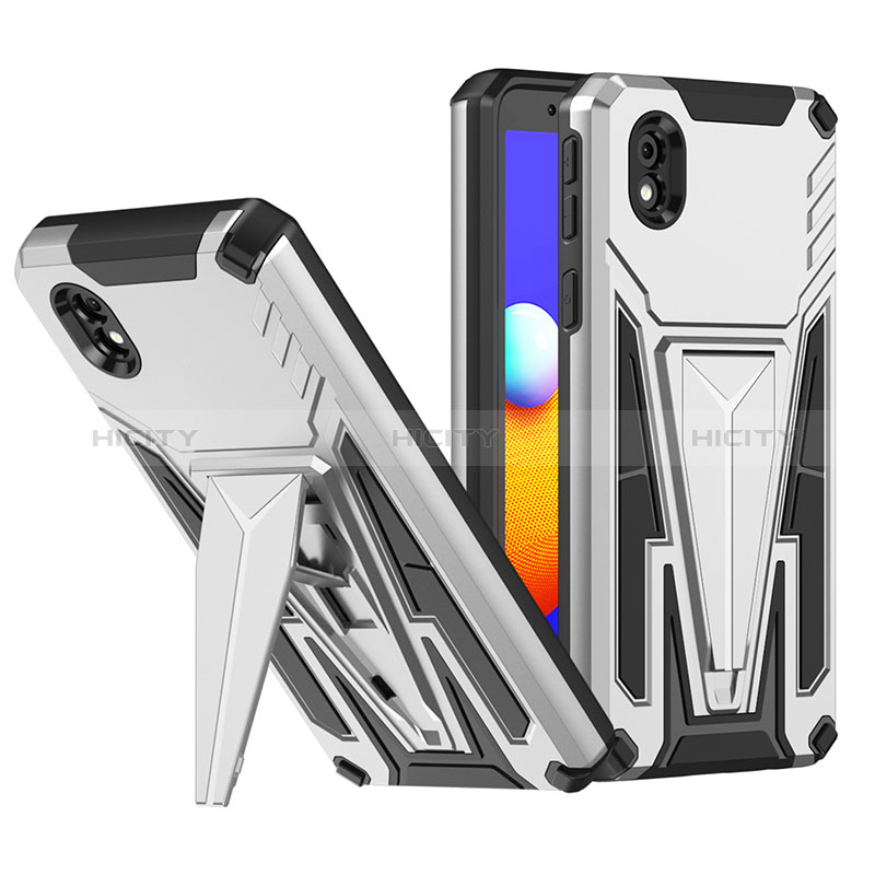 Funda Bumper Silicona y Plastico Mate Carcasa con Soporte MQ1 para Samsung Galaxy A01 Core Plata