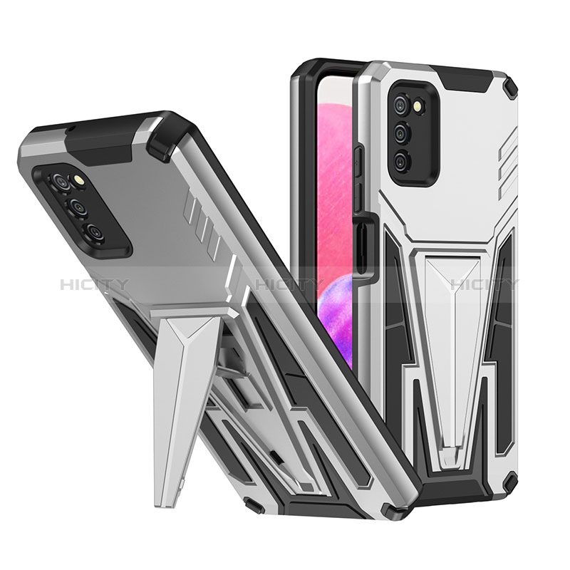 Funda Bumper Silicona y Plastico Mate Carcasa con Soporte MQ1 para Samsung Galaxy A02s Plata