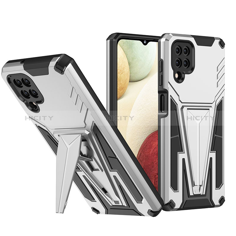 Funda Bumper Silicona y Plastico Mate Carcasa con Soporte MQ1 para Samsung Galaxy A12 5G Plata