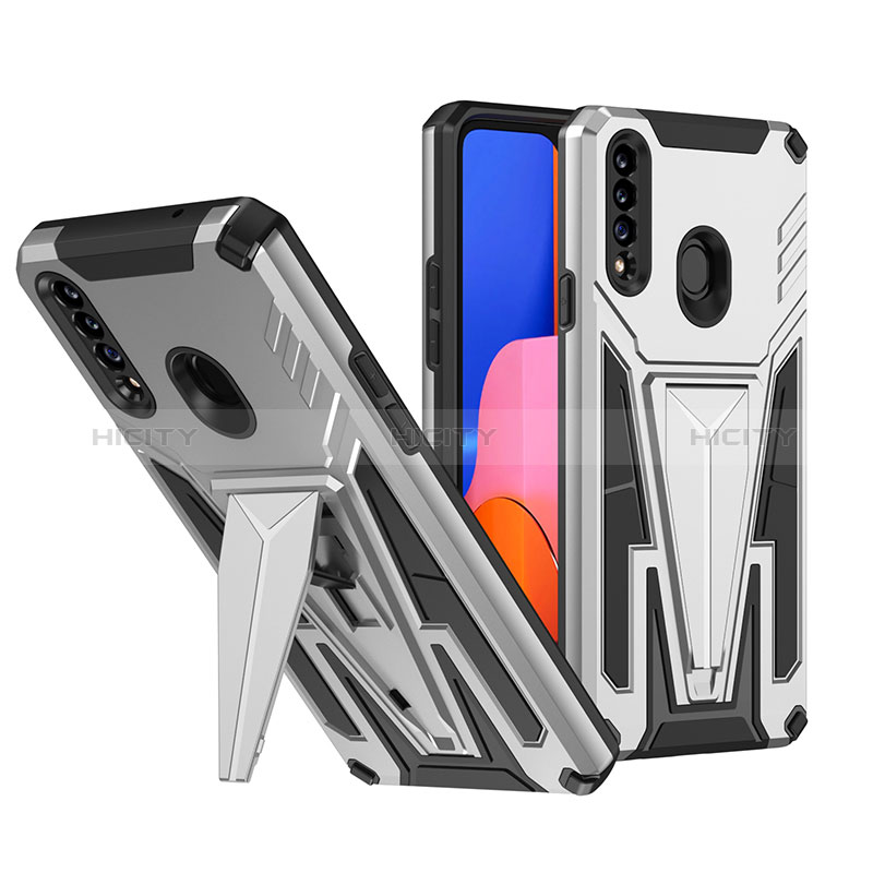 Funda Bumper Silicona y Plastico Mate Carcasa con Soporte MQ1 para Samsung Galaxy A20s Plata