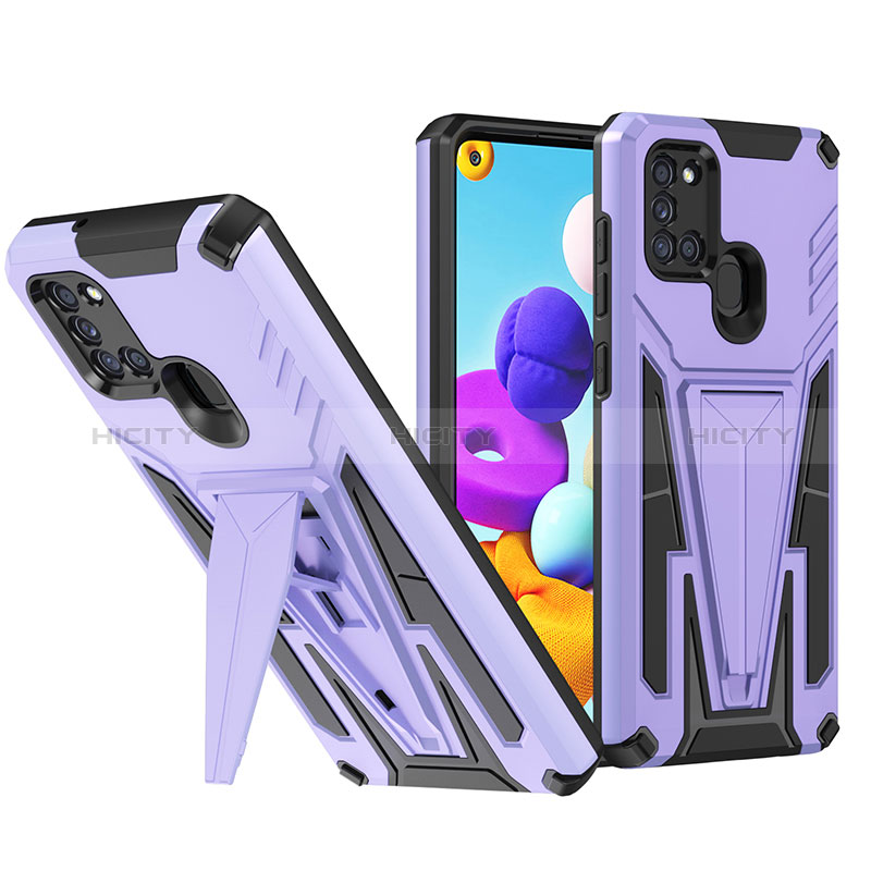 Funda Bumper Silicona y Plastico Mate Carcasa con Soporte MQ1 para Samsung Galaxy A21 Morado