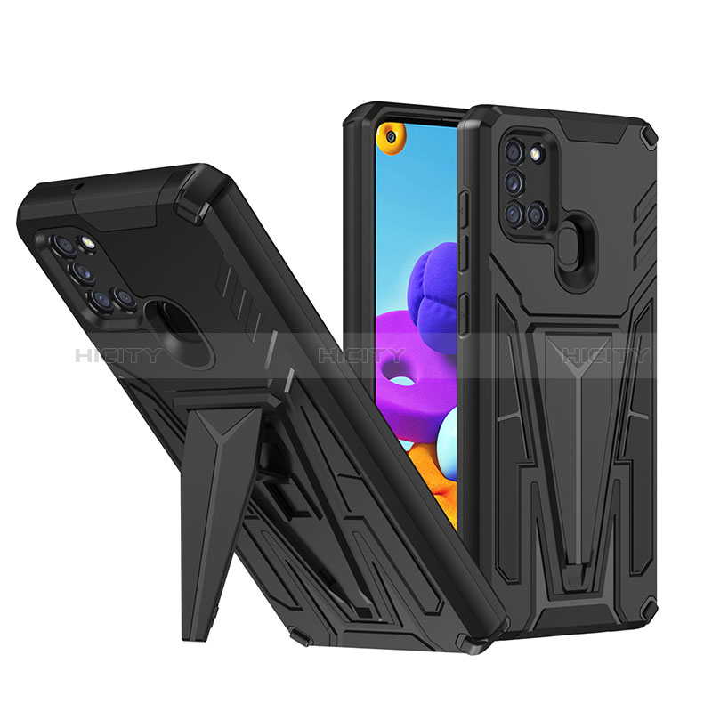 Funda Bumper Silicona y Plastico Mate Carcasa con Soporte MQ1 para Samsung Galaxy A21s Negro