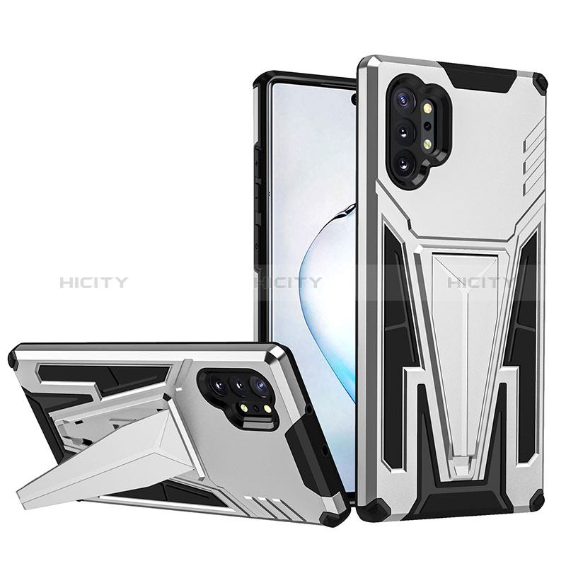 Funda Bumper Silicona y Plastico Mate Carcasa con Soporte MQ1 para Samsung Galaxy Note 10 Plus 5G Plata