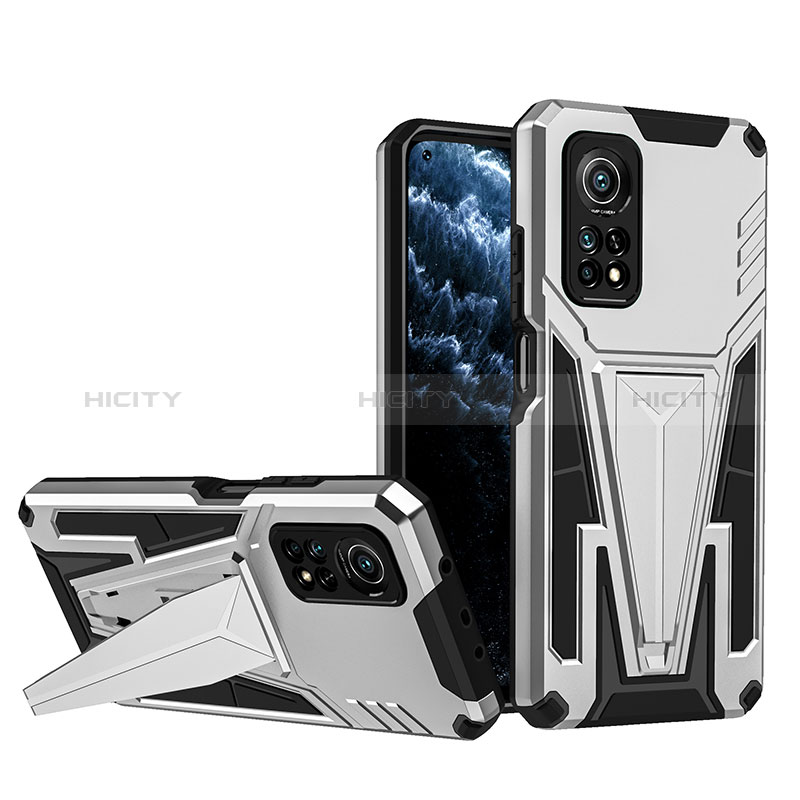 Funda Bumper Silicona y Plastico Mate Carcasa con Soporte MQ1 para Xiaomi Mi 10T 5G Plata