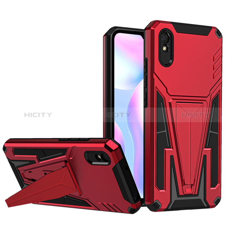 Funda Bumper Silicona y Plastico Mate Carcasa con Soporte MQ1 para Xiaomi Redmi 9A Rojo