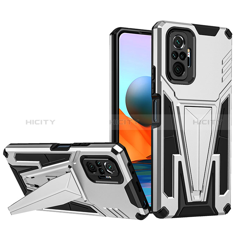 Funda Bumper Silicona y Plastico Mate Carcasa con Soporte MQ1 para Xiaomi Redmi Note 10 Pro Max Plata