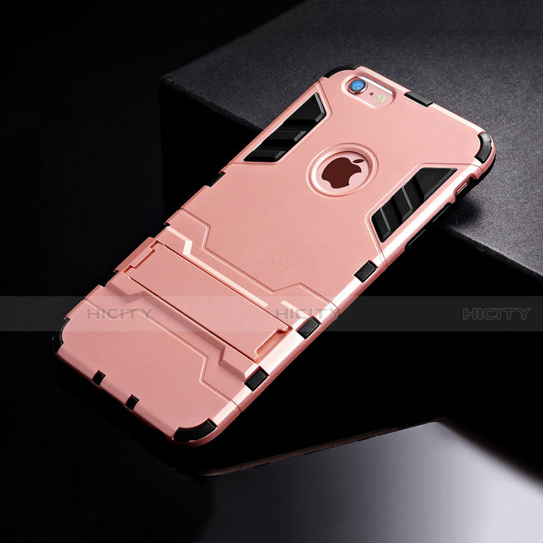 Funda Bumper Silicona y Plastico Mate Carcasa con Soporte para Apple iPhone 6S Plus Oro Rosa