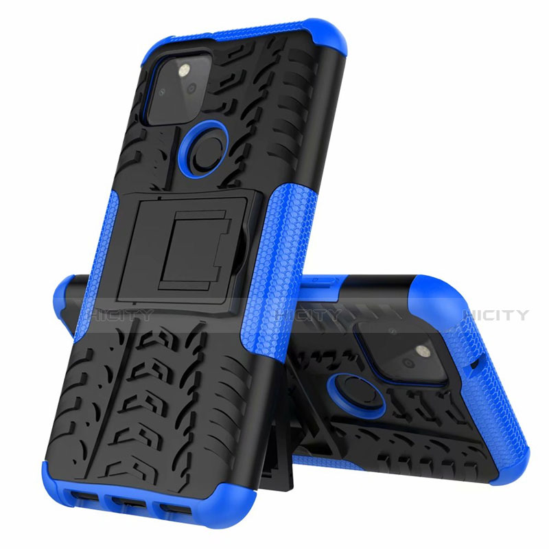 Funda Bumper Silicona y Plastico Mate Carcasa con Soporte para Google Pixel 5 Azul