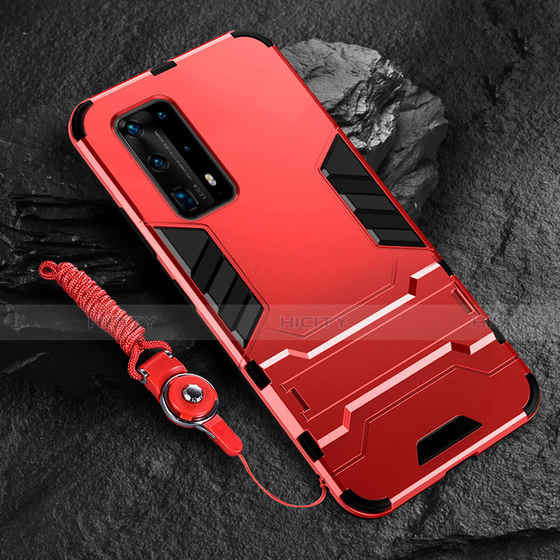 Funda Bumper Silicona y Plastico Mate Carcasa con Soporte para Huawei P40 Pro+ Plus Rojo