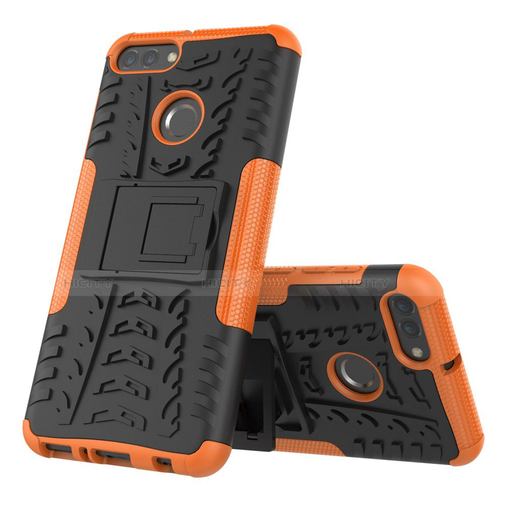 Funda Bumper Silicona y Plastico Mate Carcasa con Soporte para Huawei Y9 (2018) Naranja