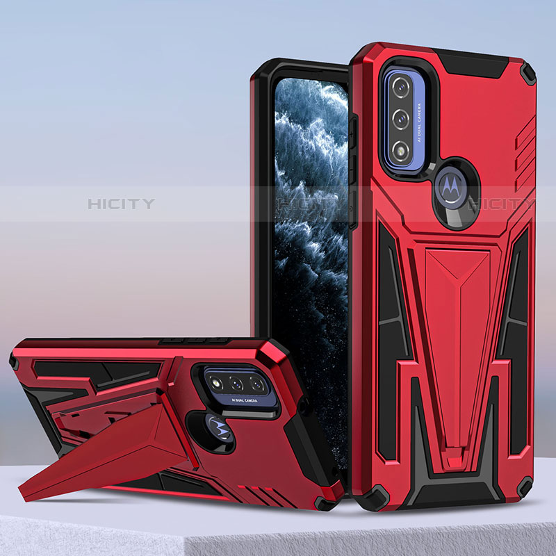 Funda Bumper Silicona y Plastico Mate Carcasa con Soporte para Motorola Moto G Pure Rojo