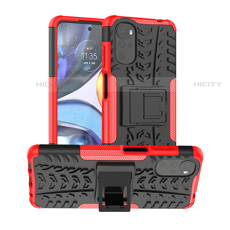 Funda Bumper Silicona y Plastico Mate Carcasa con Soporte para Motorola Moto G22 Rojo