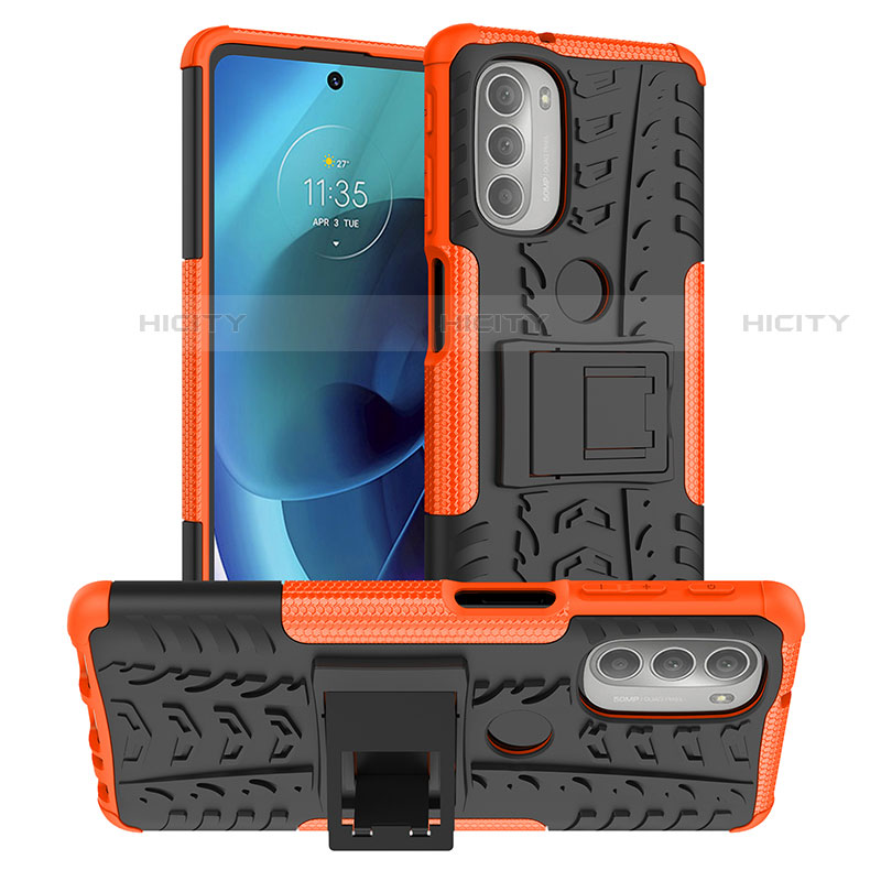 Funda Bumper Silicona y Plastico Mate Carcasa con Soporte para Motorola Moto G51 5G Naranja