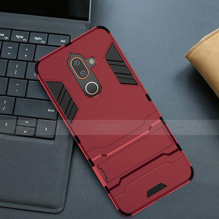 Funda Bumper Silicona y Plastico Mate Carcasa con Soporte para Nokia 7 Plus Rojo