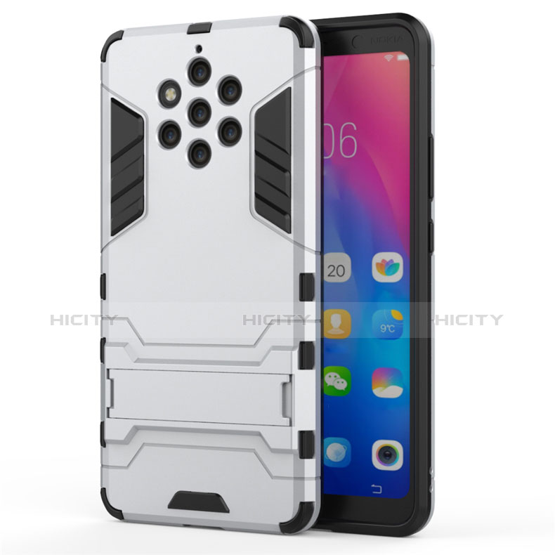 Funda Bumper Silicona y Plastico Mate Carcasa con Soporte para Nokia 9 PureView Blanco