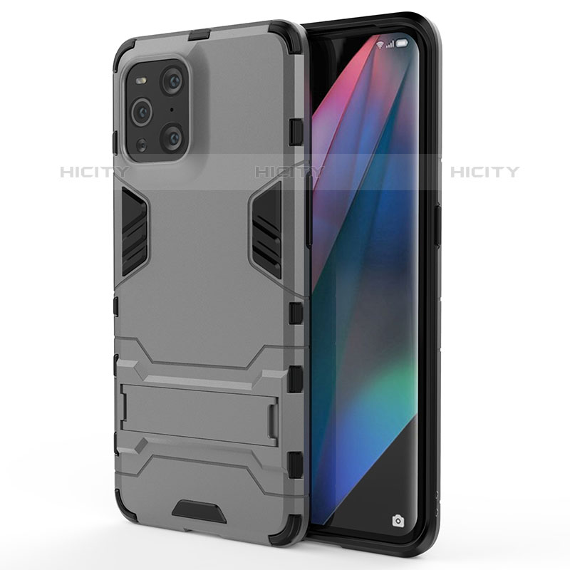 Funda Bumper Silicona y Plastico Mate Carcasa con Soporte para Oppo Find X3 Pro 5G Gris