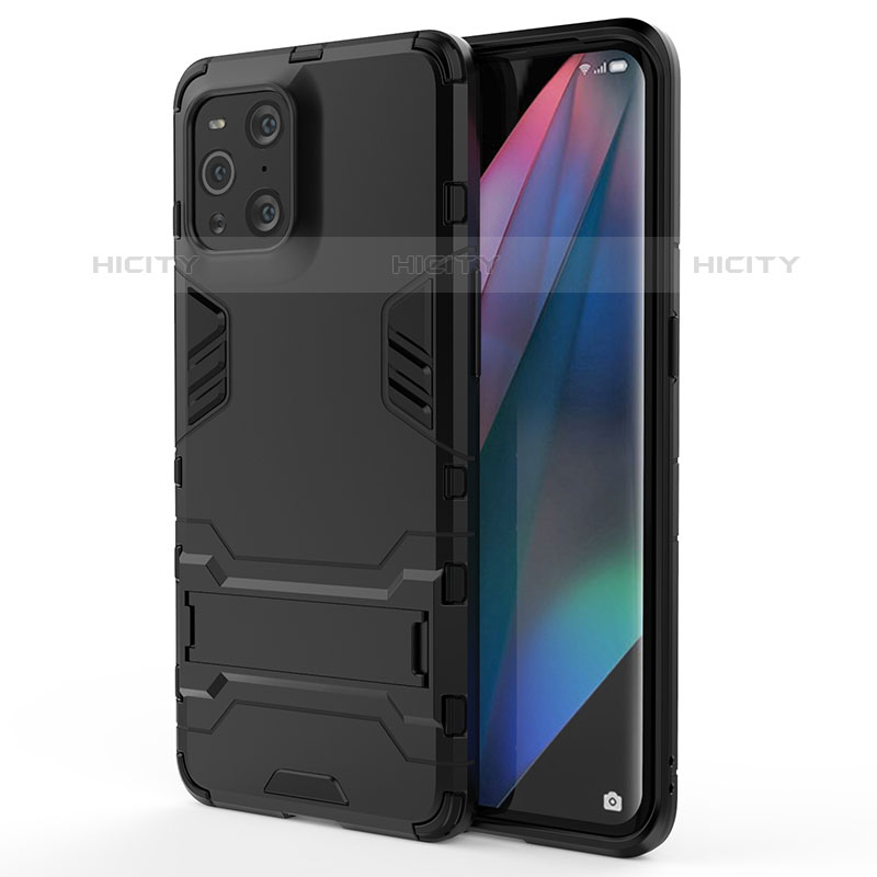 Funda Bumper Silicona y Plastico Mate Carcasa con Soporte para Oppo Find X3 Pro 5G Negro