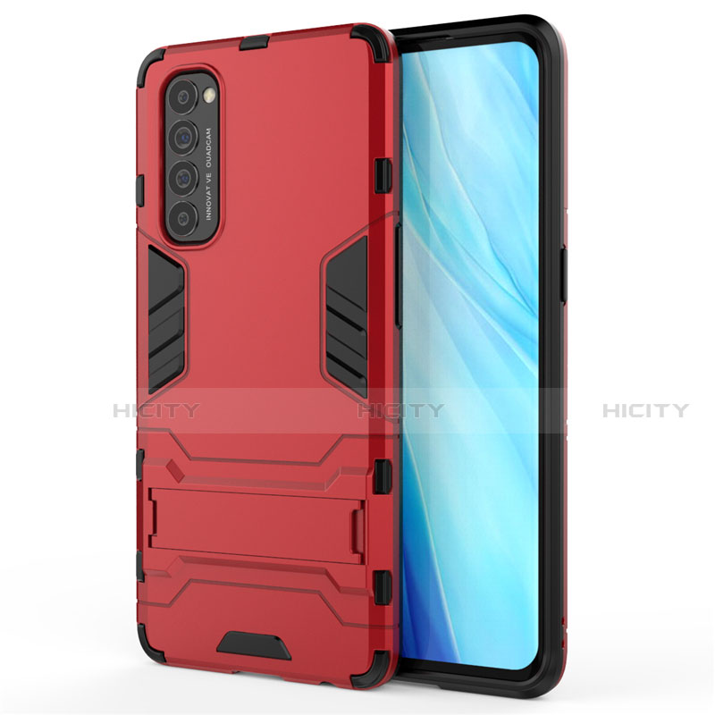 Funda Bumper Silicona y Plastico Mate Carcasa con Soporte para Oppo Reno4 Pro 4G Rojo