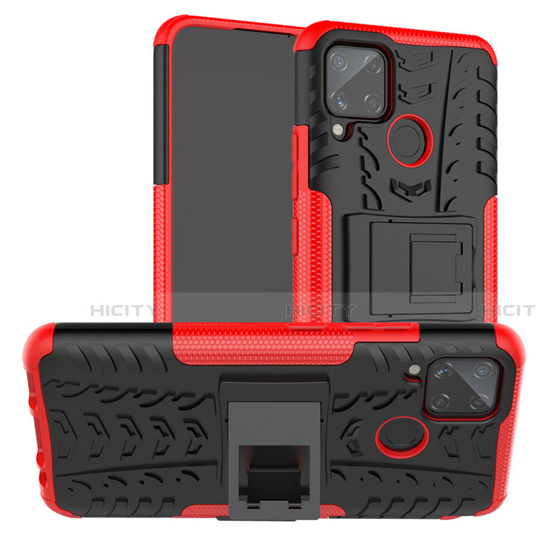 Funda Bumper Silicona y Plastico Mate Carcasa con Soporte para Realme C15 Rojo